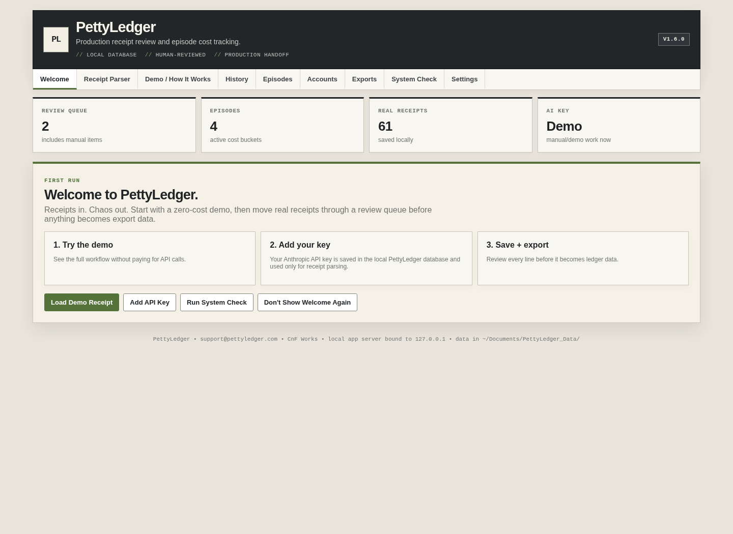 PettyLedger welcome screen
